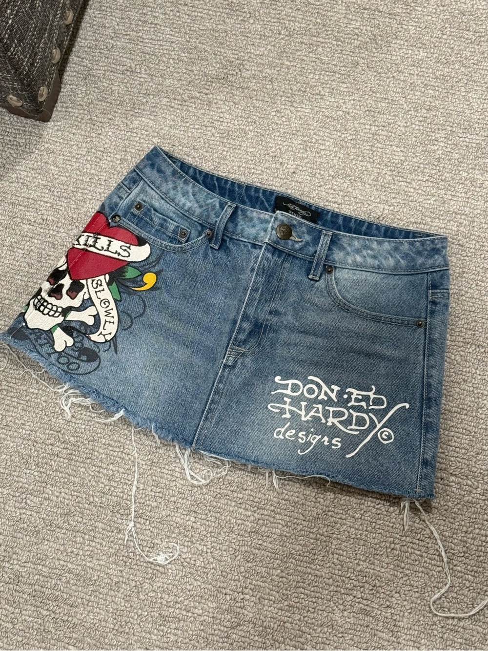 Ed Hardy Blue Denim Mini Skirt with Skull Tattoo Graphic